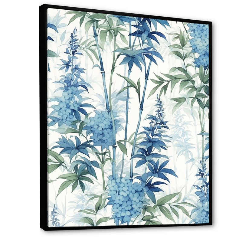 Sérénité chinoise en bambou bleu II sur toile, H 40 po x l 30 po x P 1,5 po, Cadre flottant noir