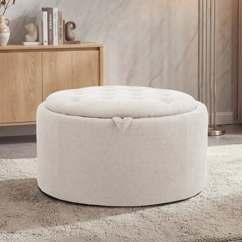 Repose-pieds capitonné rond 27,5 po avec rangement, Chenille - Oatmeal