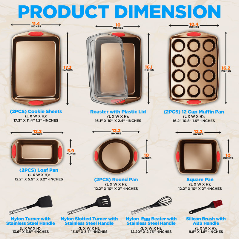 NutriChef 15 Piece Non-Stick Steel Bakeware Set, Gold