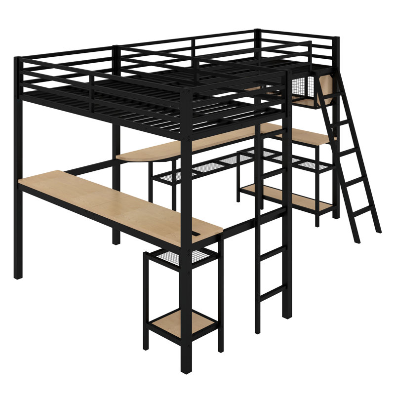 Lit mezzanine en L avec tablettes de rangement et 2 bureaux intégrés