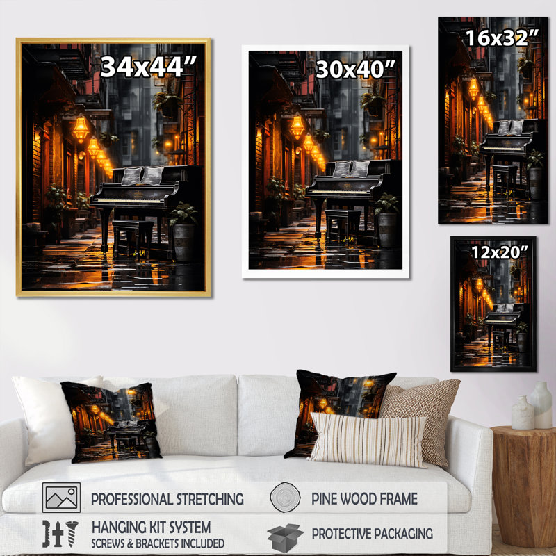 Piano, art mural, reproduction de musique urbaine - piano urbain droit, Cadre flottant noir, H 32 po x l 24 po x P 1 po