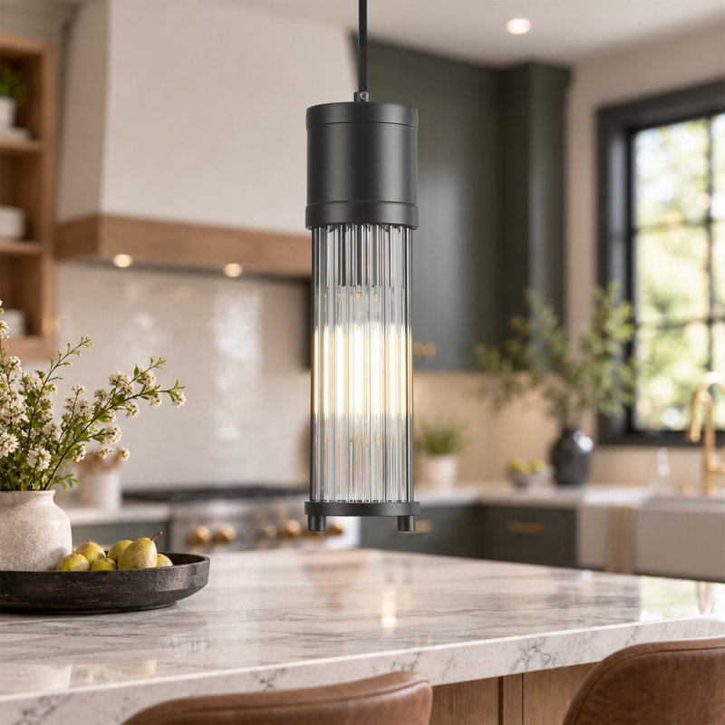 Mini-luminaire suspendu cylindrique 1 lumière avec abat-jour en verre nervuré transparent, Noir