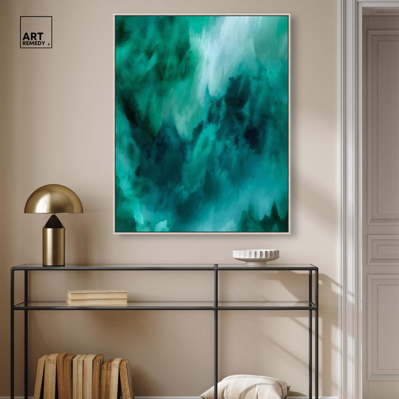 Art texturé bleu sarcelle texturé , H 37 po x l 31 po, Encadrement argenté