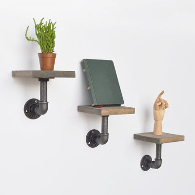 Industrial Pipe Shelf, Handmade, Black & Walnut, 5.9 x 5.9 x 5.9 inches | 100% Spruce Wood & Metal | Wall-Mounted, Supports Up to 3.9 lbs | Perfect for Home Decor & Organizing | Unique Rustic Design