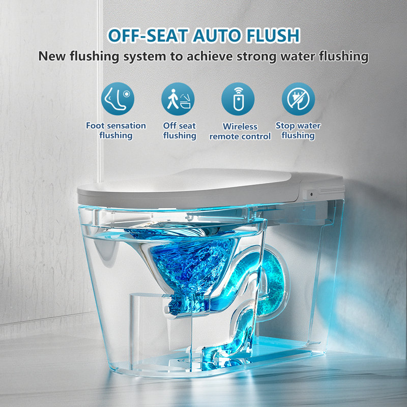 Toilette intelligente avec couvercle d'ouverture / fermeture automatique, capteur de pied et télécommande, siège chauffant pour toilette sans réservoir, pulvérisateur d'eau chaude, modes de nettoyage multiples, séchoir à air