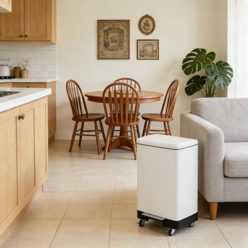 Poubelle de cuisine en acier inoxydable 16 gallons / 60 L avec seau intérieur amovible et roues, pour la maison, Blanc