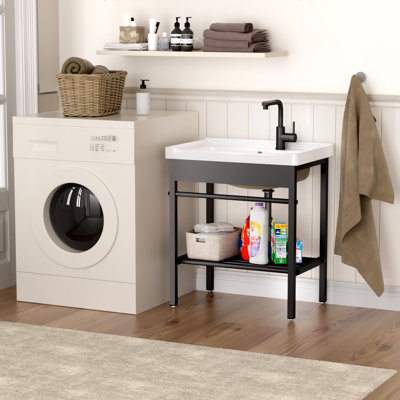 28"L x 19"W Laundry Sink Wall-mount Ceramic Utility Washboard Sink with Stainless Steel Bracket