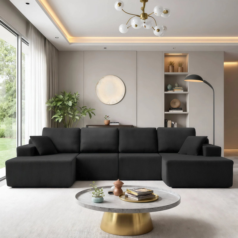 Canapé modulaire en U Una avec velours côtelé extra large et support à ressorts, Black