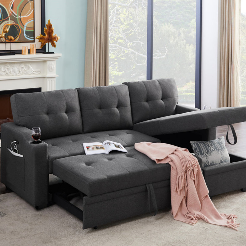 Canapé-lit modulaire en tissu tissé avec porte-gobelet, port de chargement USB et poche, Lin gris foncé