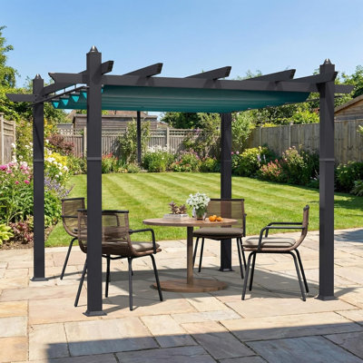 Pavillon de jardin pergola extérieur 10 x 10 pi, structure en aluminium avec rideaux bleus et maille blanche, pavillon de patio