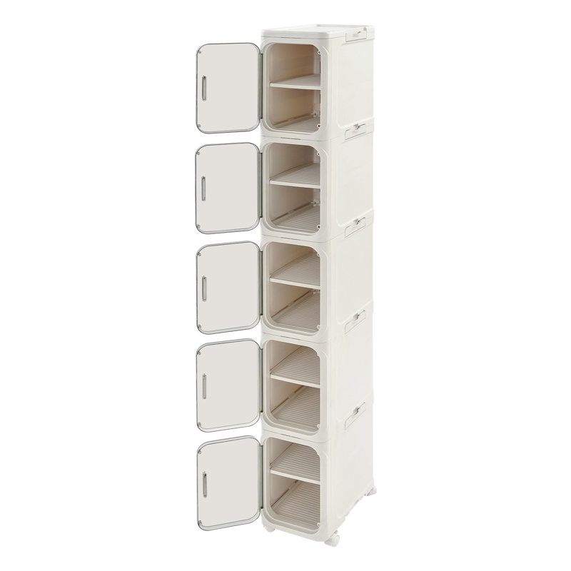 White 5-Tier Tall Narrow Storage Cabinet with Lockable Wheels, Slim Freestanding Rolling Organizer Cabinet with Visual Doors for Bathroom, Kitchen & Laundry Room