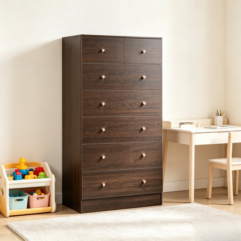 Commode haute à 7 tiroirs brun foncé, meuble vertical en bois avec poignées dorées, meuble de rangement pour vêtements sur pied pour chambre à coucher
