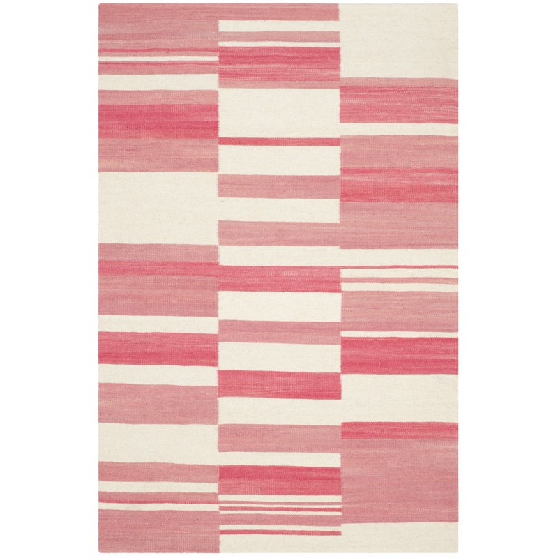 Tapis rayé en laine / coton tissé à la main Limato Kilim en rose / ivoire, Rectangle 4pi x 6 pi