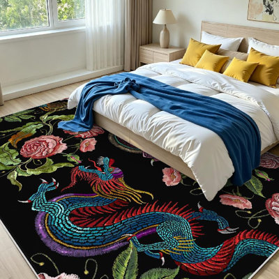 Tapis asiatique transparent lavable à la machine, dragons chinois et fleurs