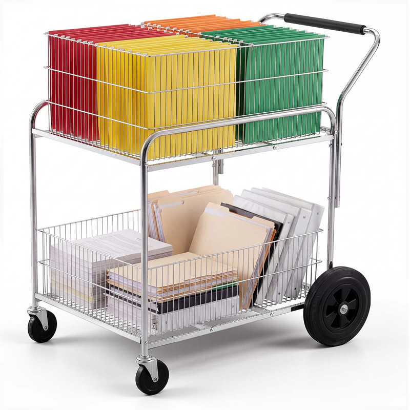 Rolling File Cart 2-Tier Mobile Wire Mail Cart with Lockable Wheels, for Office Records Room, Heavy-Duty File Folder Organizer Utility Wagon, with 264.55 lbs / 120 kg Load, 37.6 x 22.4 x 38 in