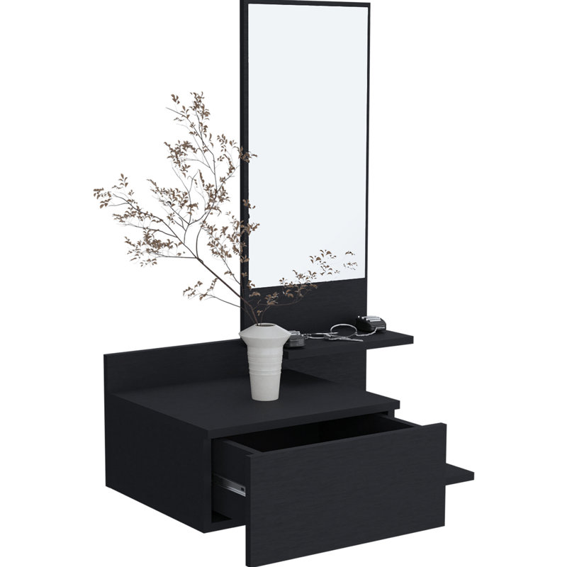 Console moderne avec 3 tablettes et un tiroir à extension complète - Miroir noir pour le rangement de la salle de bain, Noir