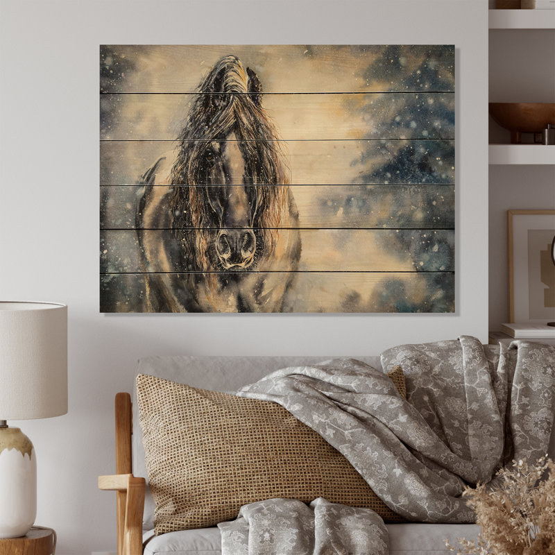 Portrait d'un cheval noir sur - Décoration murale traditionnelle en bois, H 30 po x l 40 po x P 1 po