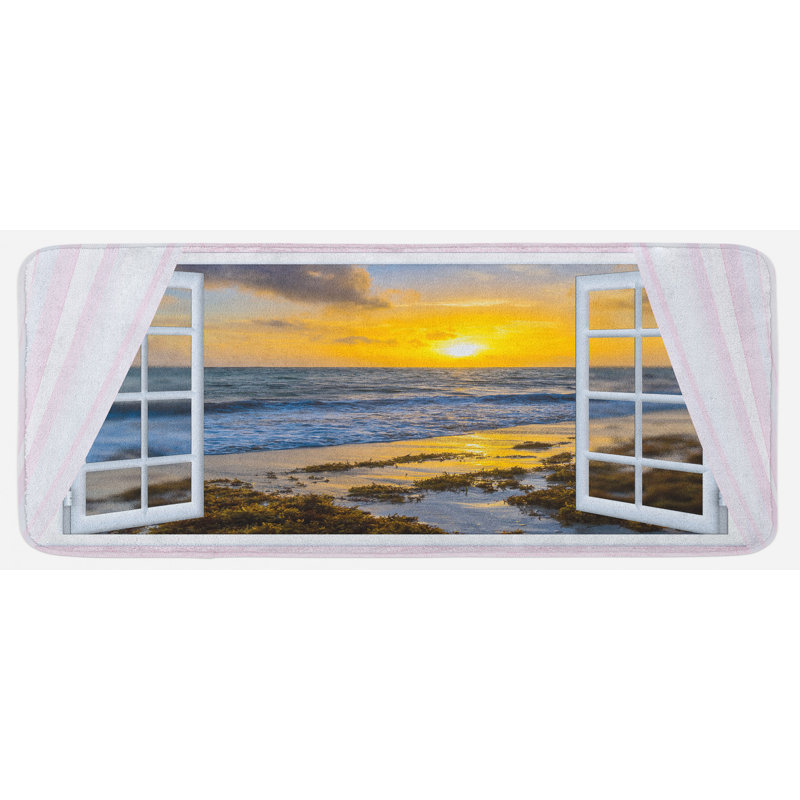 Tapis de cuisine à ouverture de fenêtre ouverte de style fenêtre pour le ciel avec nuages seascape herbe