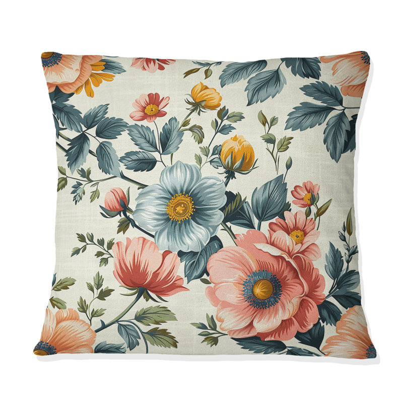 Coussin décoratif beige et rose à motif floral Meadows VII, H 16 po x l 16 po