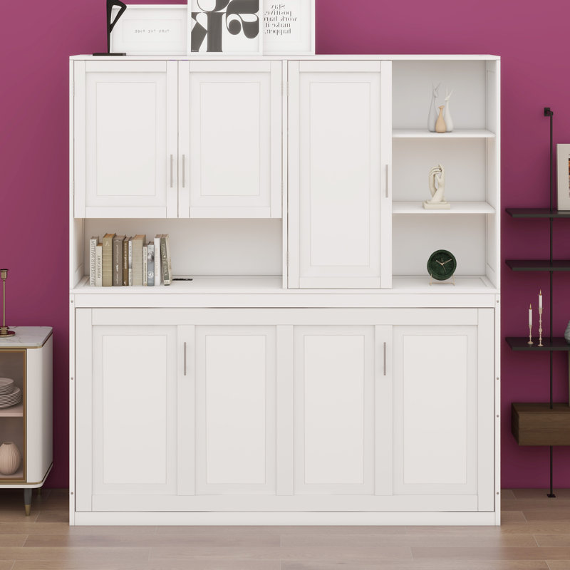 Lit escamotable avec armoire supérieure, tablettes, lit pliable peu encombrant avec éclairage et port USB, Blanc
