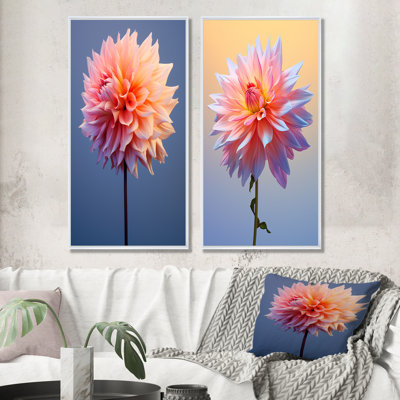 Coral And Blue Dahlia Dance - Dahlia Canvas Wall Art Set Of 2