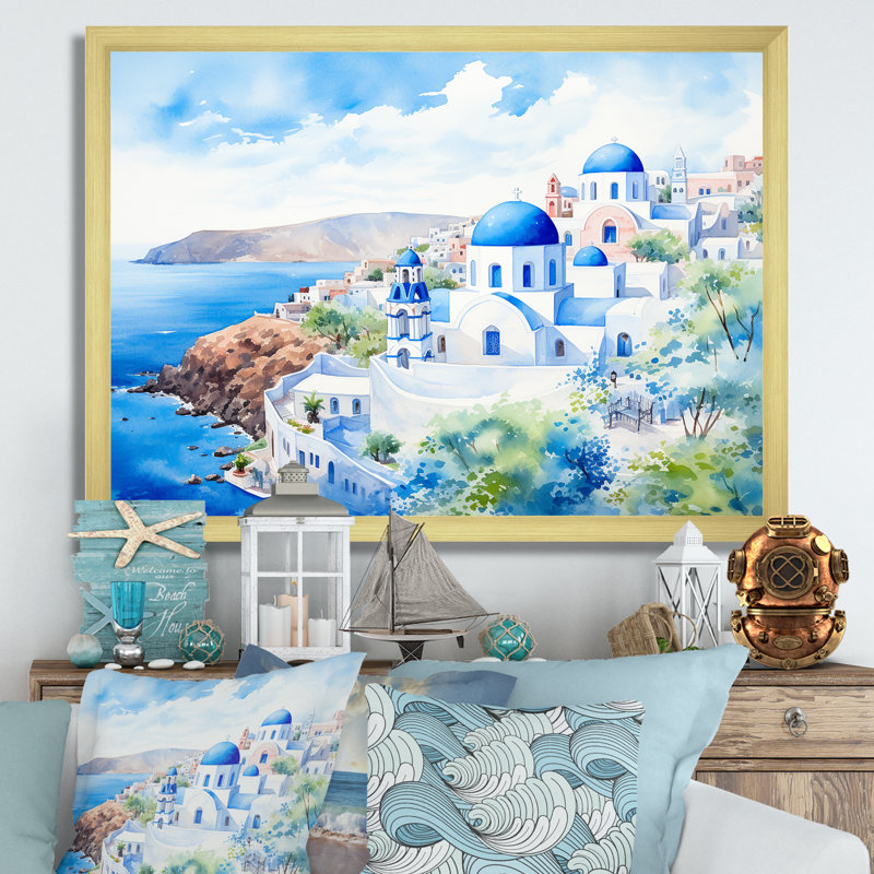 Grèce, vue sur la côte de Santorin II - Grèce, art mural, Cadre doré à coins fermés, H 30 po x l 40 po x P 1,5 po