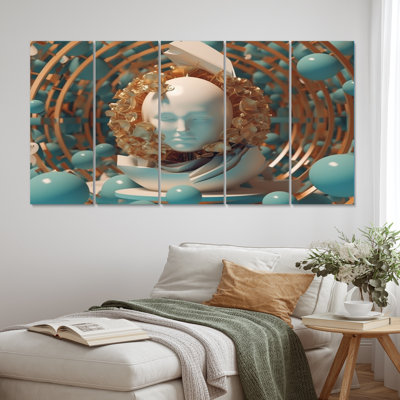 «Turquoise Sci-Fi Portrait of Futuristic Man», reproduction d'art sur toile - 5 panneaux égaux