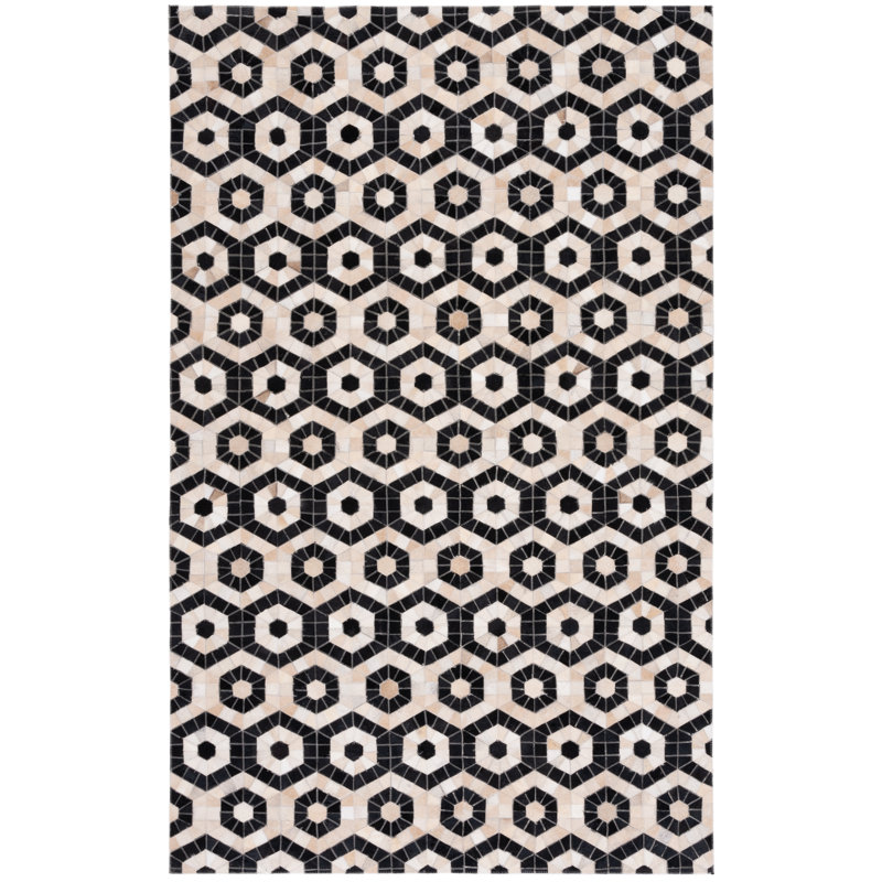Studio Leather Flat Weave Hair On Leather Geometric Rug, Rectangle 5' x 8'