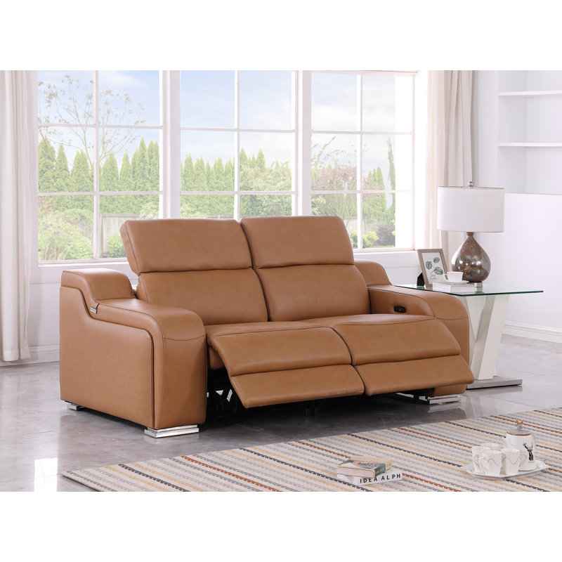 Top Grain Italian Leather Loveseat With Power Headrest, Brown