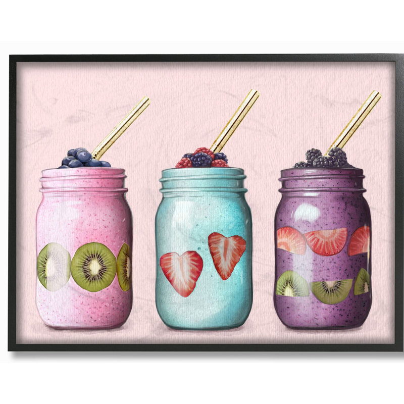«Fruit Smoothie Jars Food Pink», impression, Giclée encadrée noir minuit, H 11 po x l 14 po