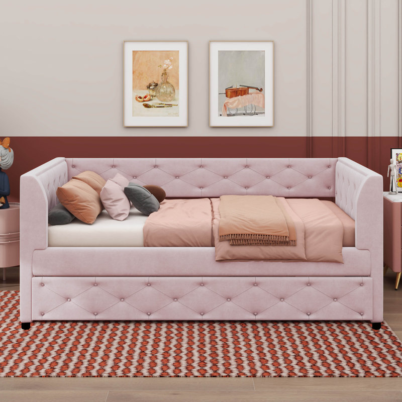 Lit de jour simple en velours rembourré avec design capitonné et lit gigogne, Rose