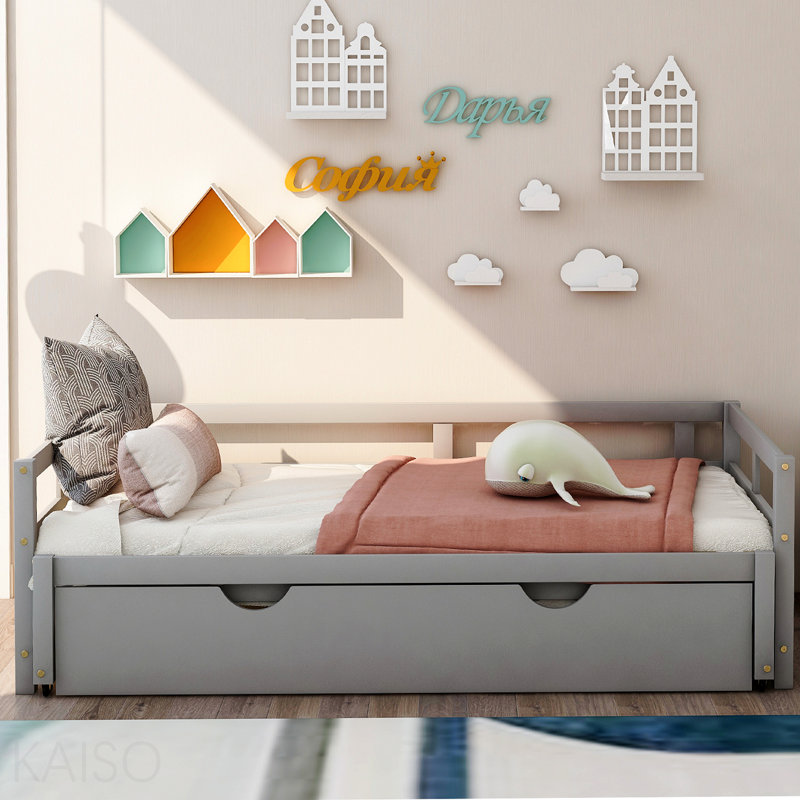 Lit de jour extensible avec couchette, lit de jour en bois avec couchette, gris, Grey