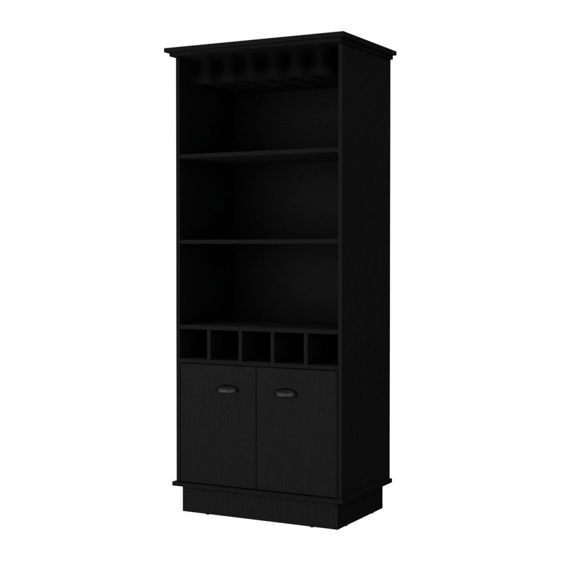 Bar moderne noir avec présentoir en verre et espace de rangement spacieux avec support fonctionnel