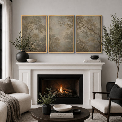 Vintage Sepia Forest Tree Artwork, Living Room Pictures, Framed Canvas Giclee Print 3 Pieces Wall Art