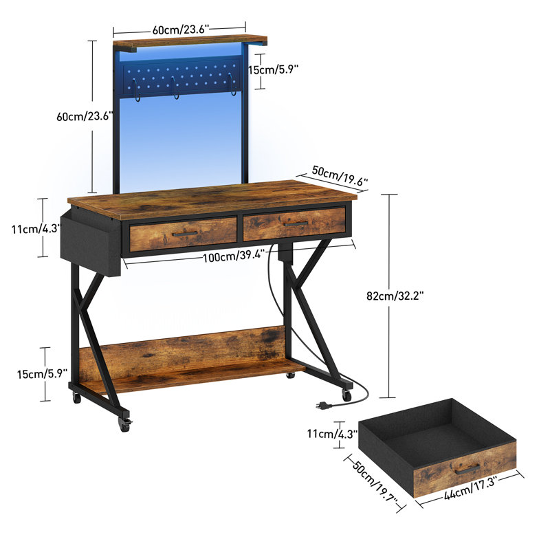 39.4" Mobile Computer Desk Rolling Home Office Table With Power Strip And LED Lights, Rustic Brown