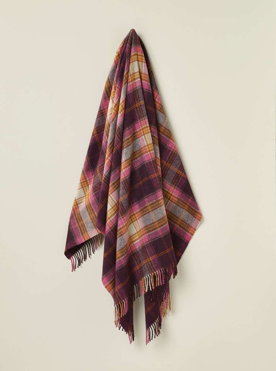 Merino Lambswool Throw/Blankets Hand Woven Blanket, Red/Beige/Pink/Orange Checkered