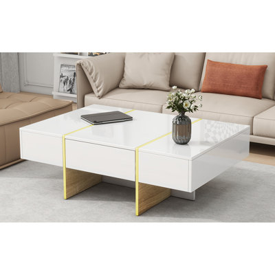 Table basse à haute brillance 47,2 po x 31,4 po, 2 tiroirs dissimulés, pieds dorés, salon blanc brillant moderne au centre, pieds en grain de bois pour