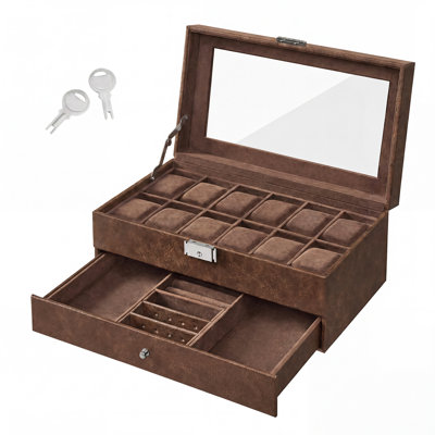 12-Slot Watch Box, Lockable Watch Case With Glass Lid, 2 Layers, Black Synthetic Leather, Black Lining