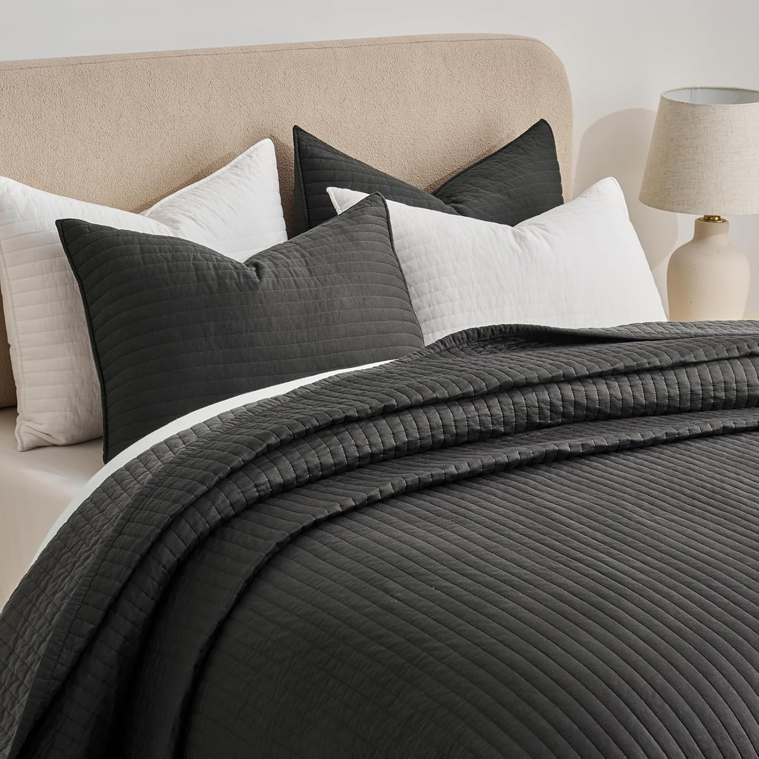 Oversized Cotton Sateen Channel Stitch Quilt Set - 3 Pieces King/Queen Bedding Comforter Set with Pillow Shams, All Season Lightweight Bedspread