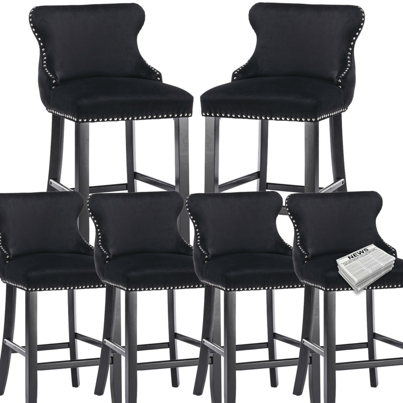 Velvet Upholstered Solid Wood Kitchen Bar Stools  (Set of 6), Black