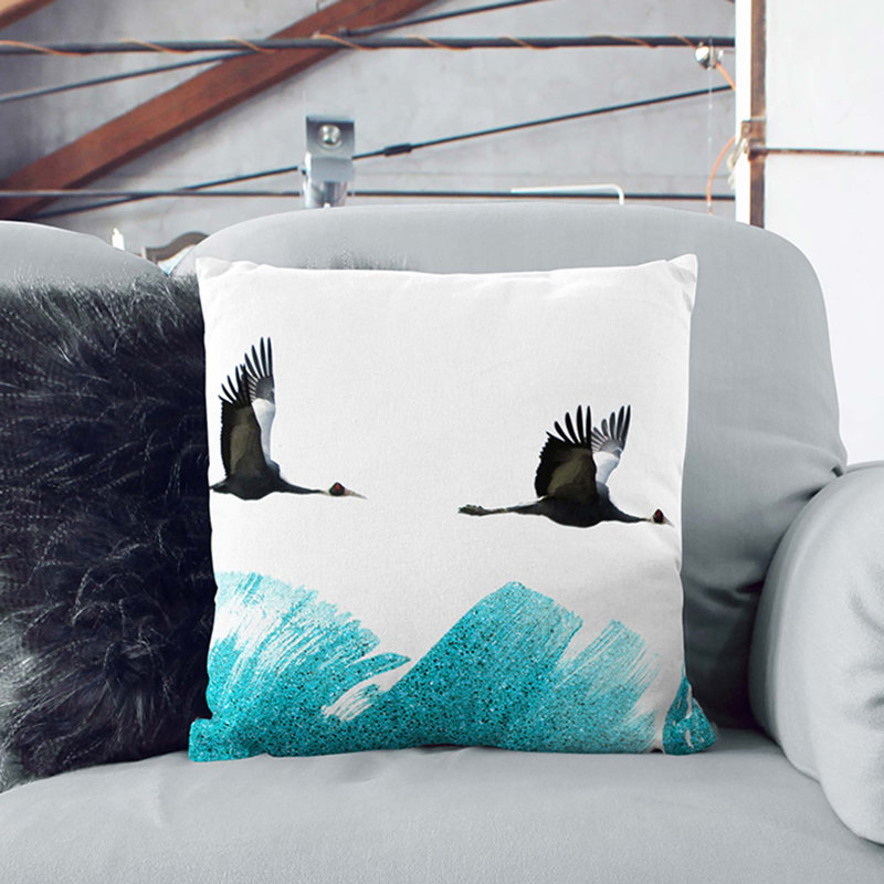 A Couple Of Crane Birds Flying In Abstract Square Throw Cushion, Black, 40 x 40 cm