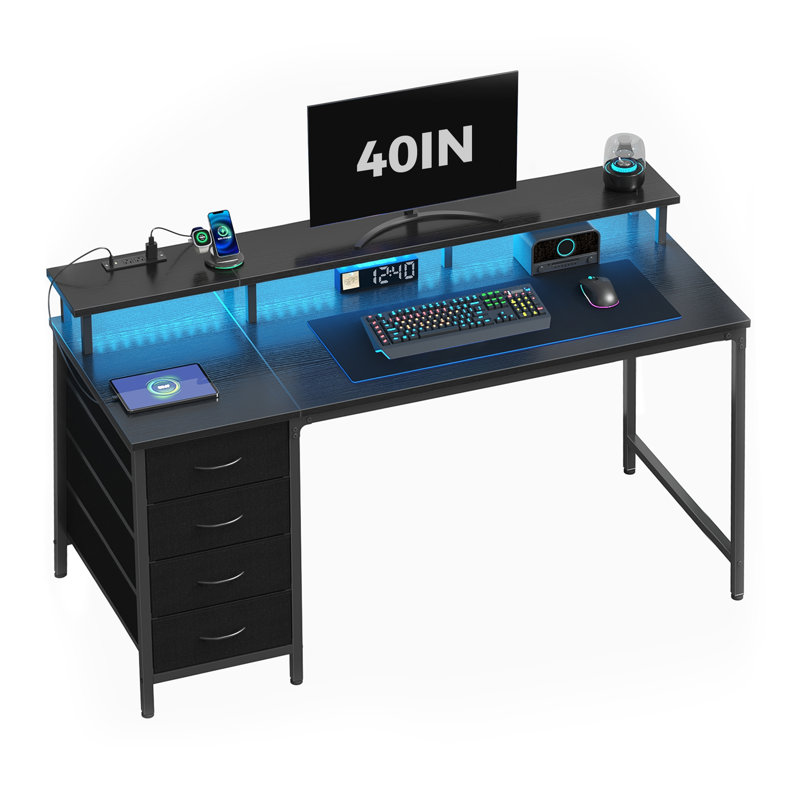 40 Inch Black Fixed Home Office Desk, 4 Drawers + Storage Shelf with LED Light & Power Strip, 34" H x 40" W x 19.7" D, Black