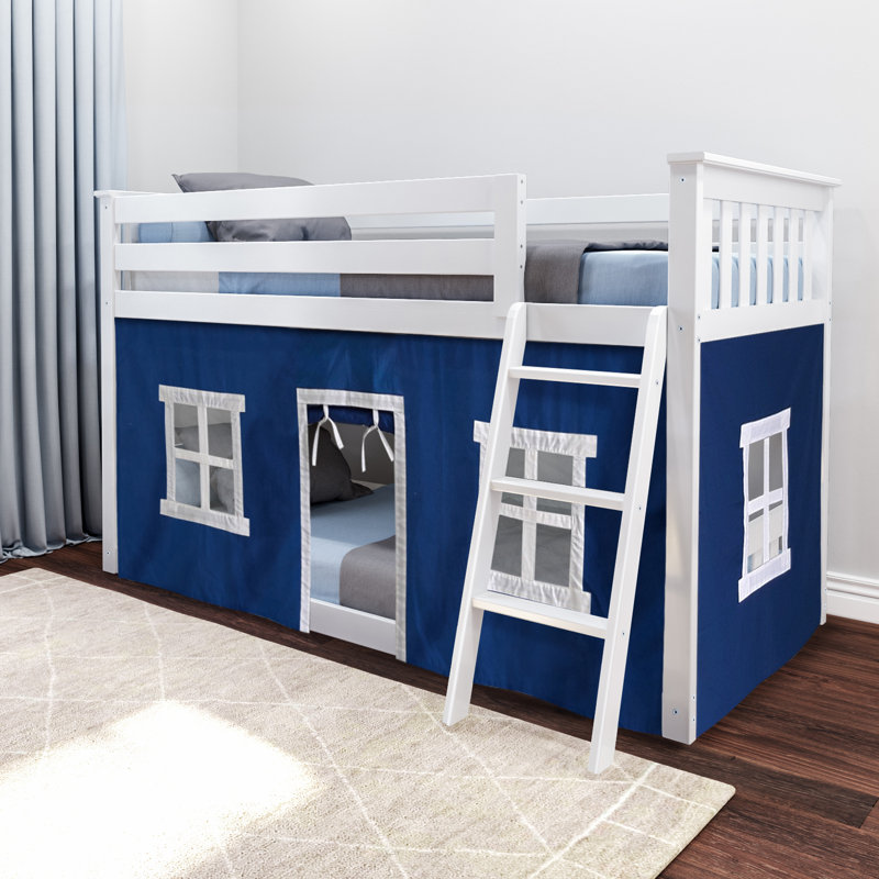 Mendelson Kids Low Bunk Bed with Curtain, White, Blue