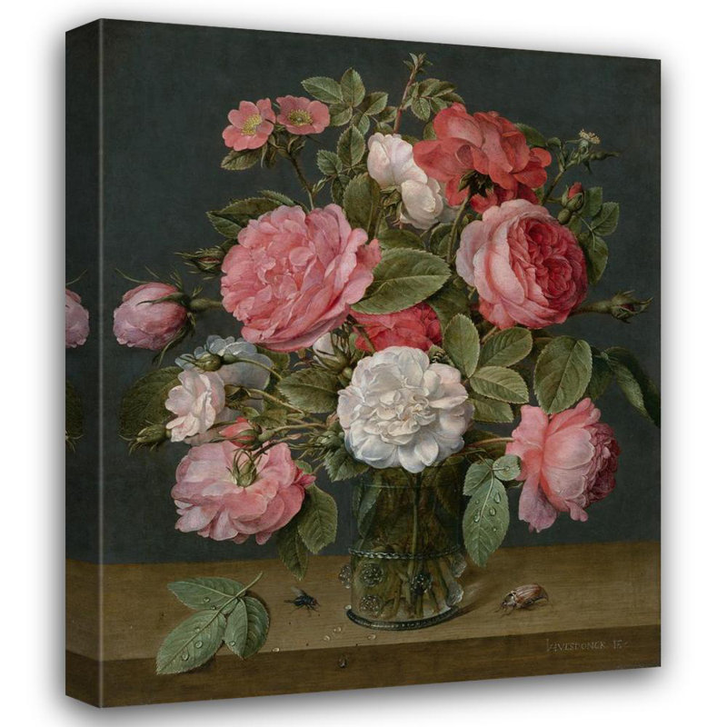 «Roses in a Glass Vase» par Jacob Van Hulsdonck - Art mural sur toile tendue avec châssis, H 48 po x l 33 po