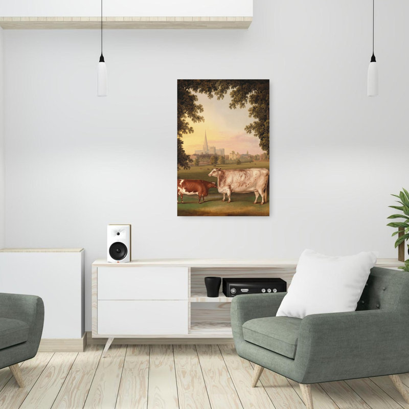 Cows And Cathedral View Peaceful Tranquil Abstract Cow City Landscape Wall Art Print 1 Piece Wrapped Canvas Wall Art