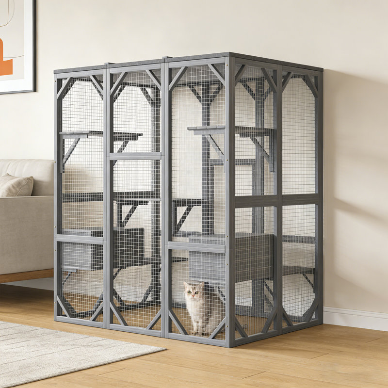 Grande enceinte de 71 po avec 6 plateformes et 2 maisons de sieste, cadre en bois massif, pour l'intérieur et l'extérieur