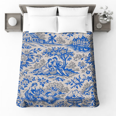 Blue Toile Print Quilted Bedspread All Sizes