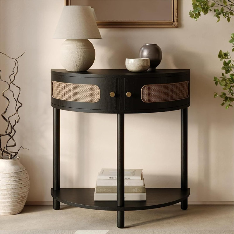  Petite table d'entrée en rotin demi-lune, console avec rangement pour les espaces étroits, décoration intérieure moderne, console Cane, bureau d'entrée en bois massif avec deux portes et boutons en laiton (chêne noir)