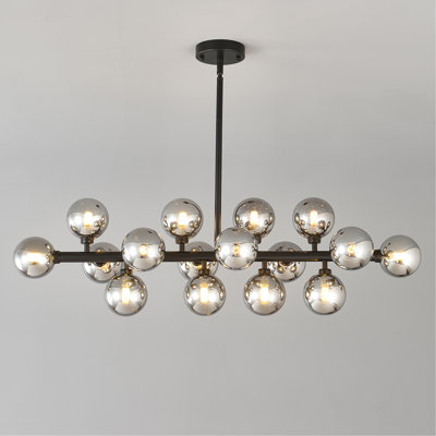 Pendant Lamp with Smoke Grey Glass Shade, 16-Lights Modern Farmhouse Ceiling Pendant Hanging Light Fixture Over Table, for Dining Room, Kitchen Island--NO INCLUDED BULBS--Matte Black+ Smoke Grey