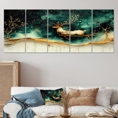 Christmas Reindeer Sleigh Ride Fun II - Christmas Santa Deer Canvas Wall Art Set